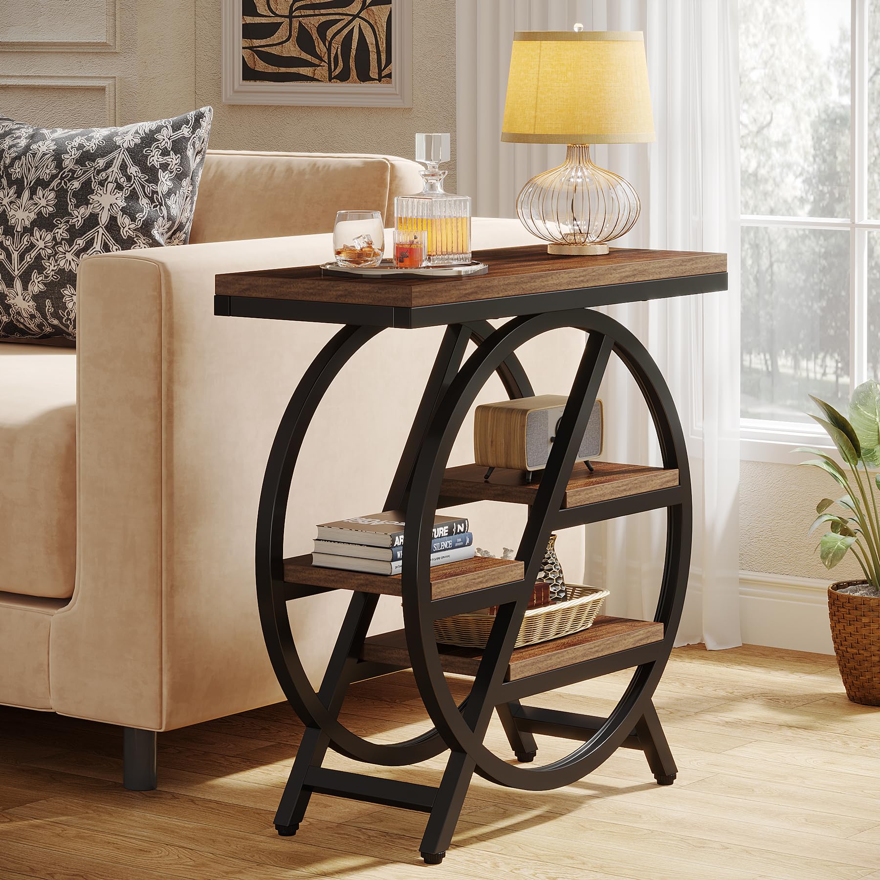 Tribesigns narrow side table beside the sofa adds display space and easy reach
