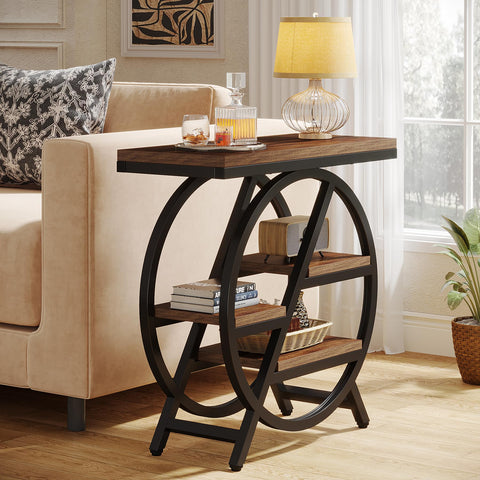 Tribesigns narrow side table beside the sofa adds display space and easy reach
