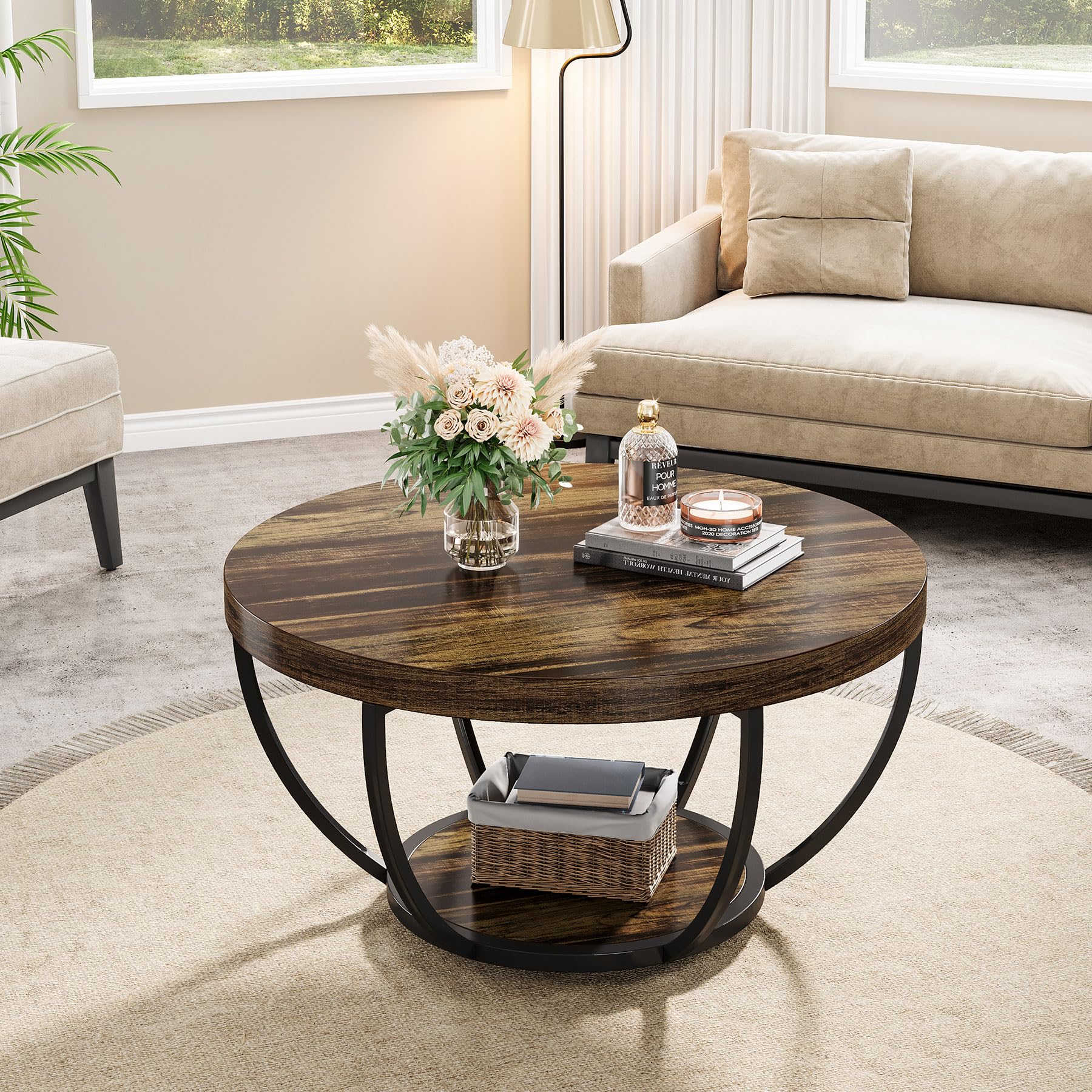 Tribesigns round coffee table in a cozy living room setting.