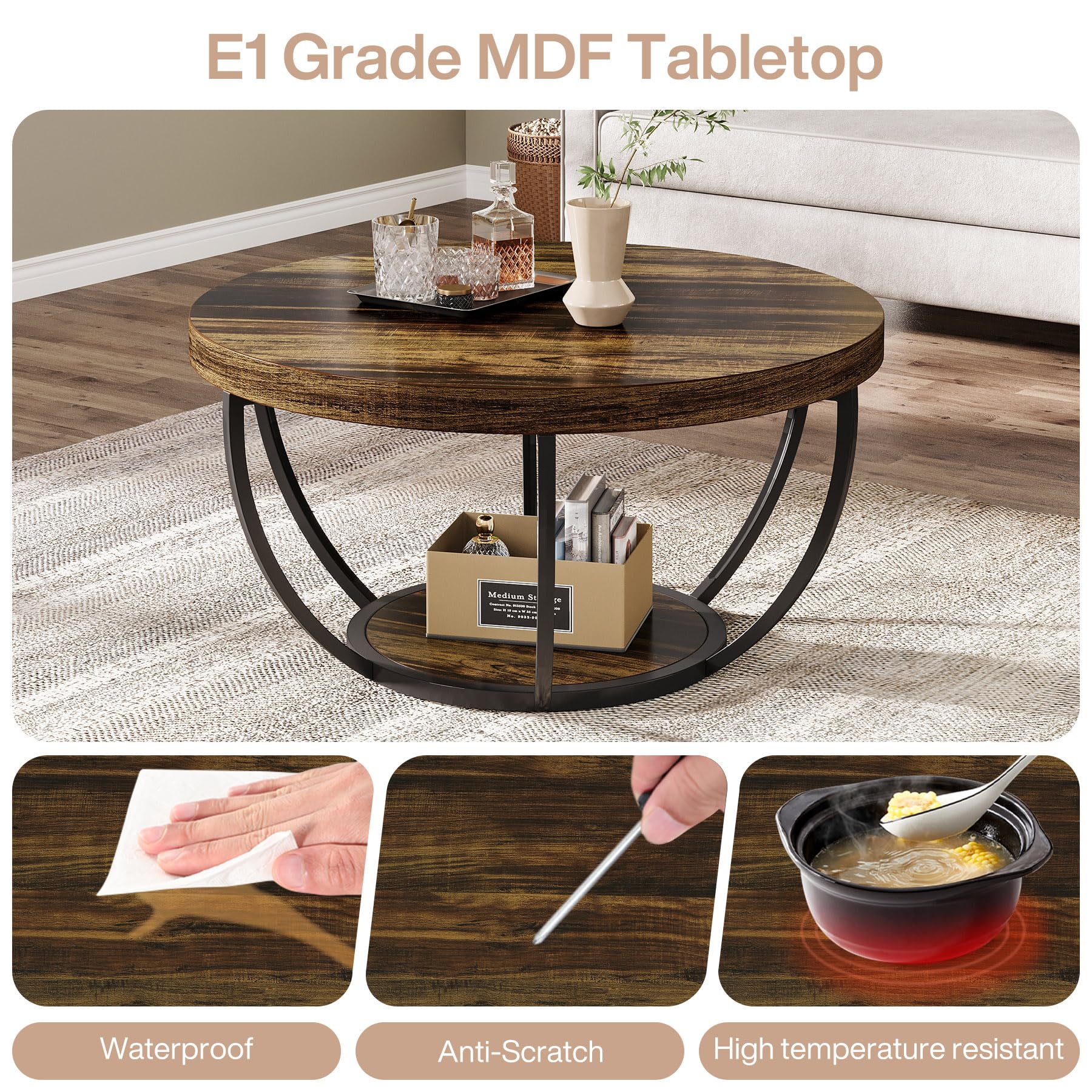 Tribesigns round coffee table metal base detail shows sturdy, balanced support.