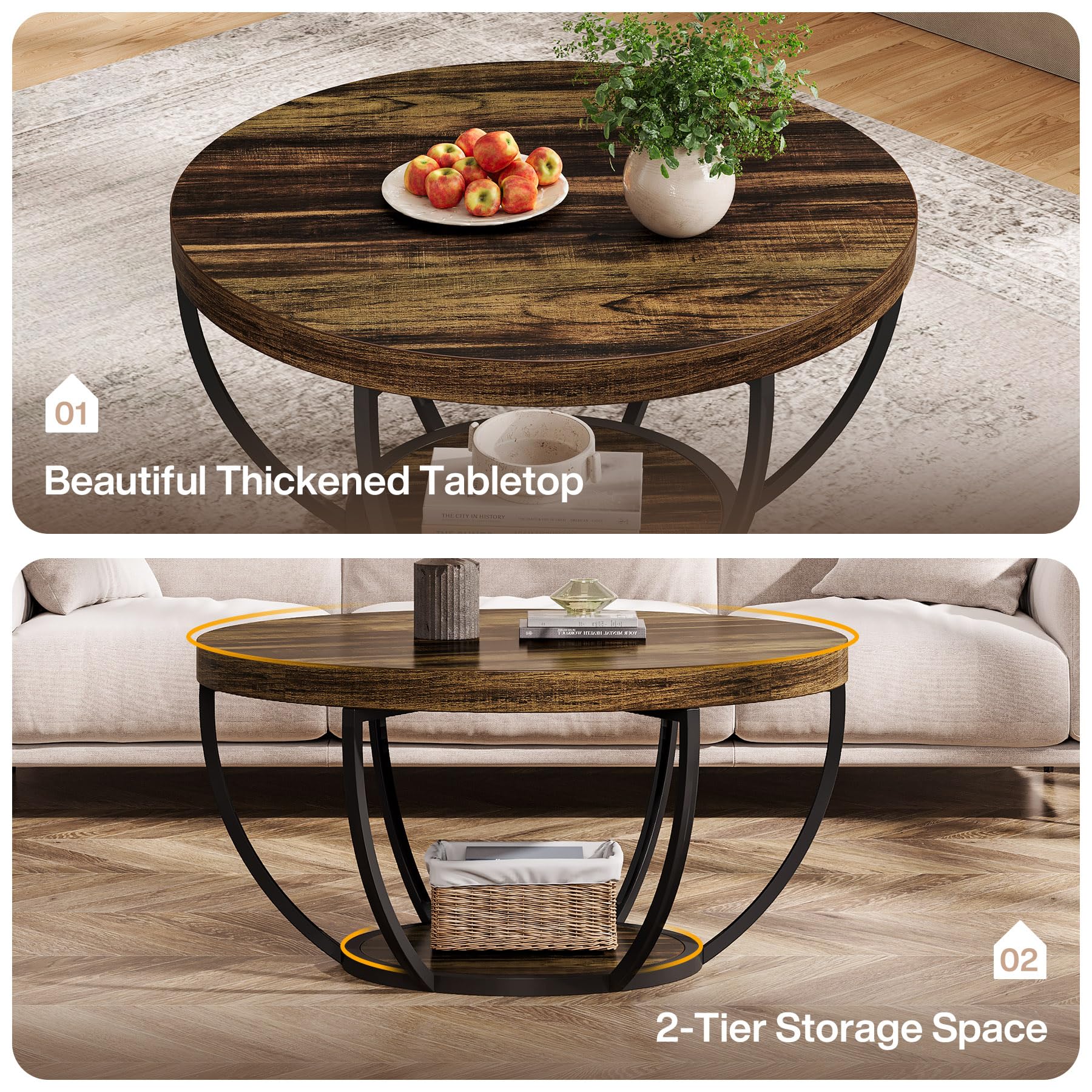 Tribesigns round coffee table storage shelves provide organized space for remotes and magazines.