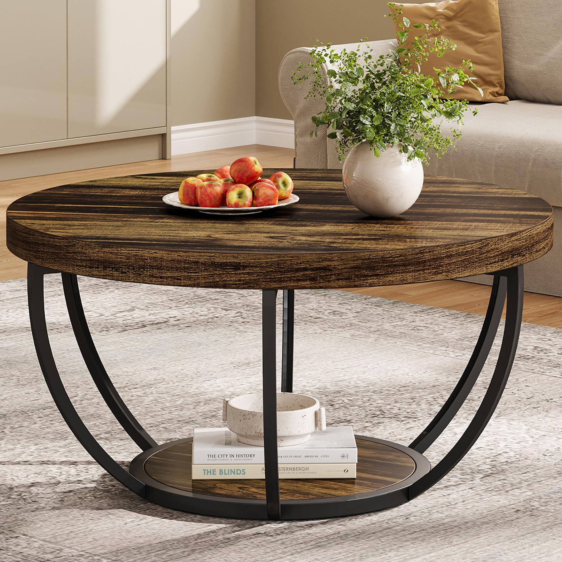 Tribesigns round coffee table top view with spacious surface for drinks and decor.