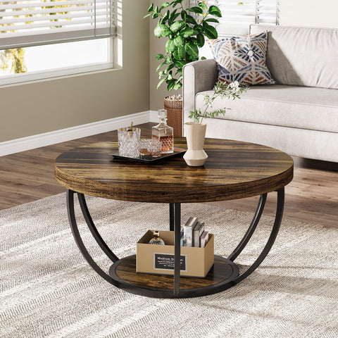 Tribesigns round coffee table wood grain closeup highlights natural texture.