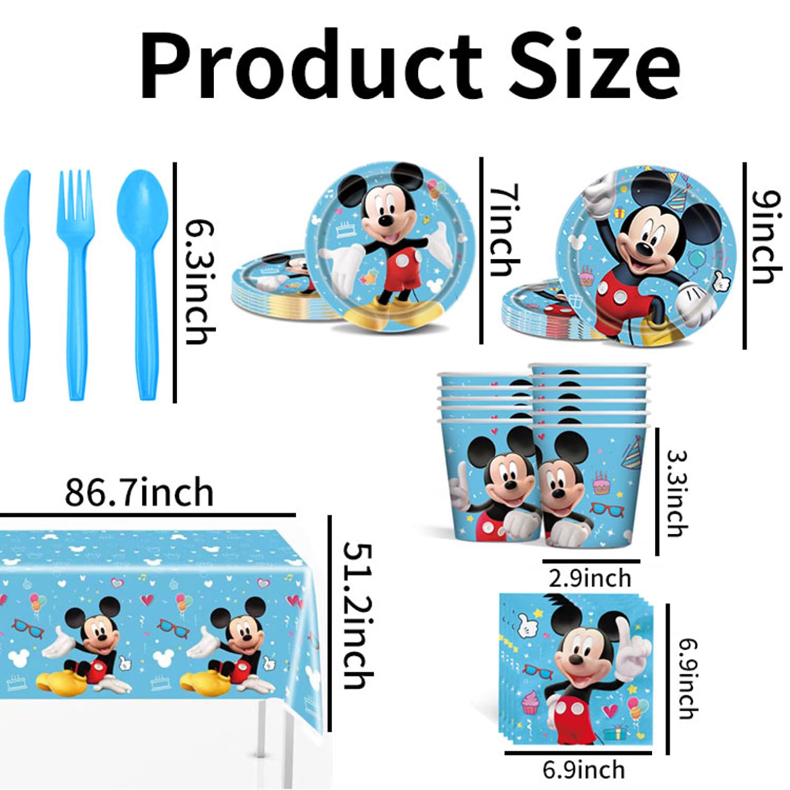 Trifoot cartoon birthday tableware set in blue enhances party table presentation.