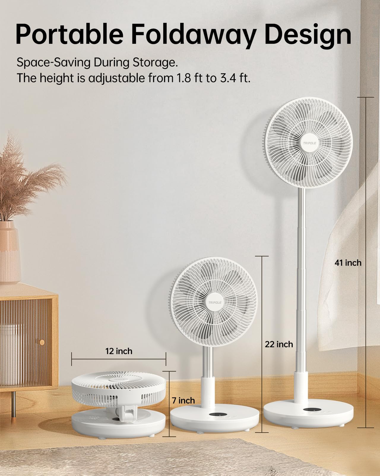 TriPole 12-inch pedestal fan extended height for flexible room airflow.
