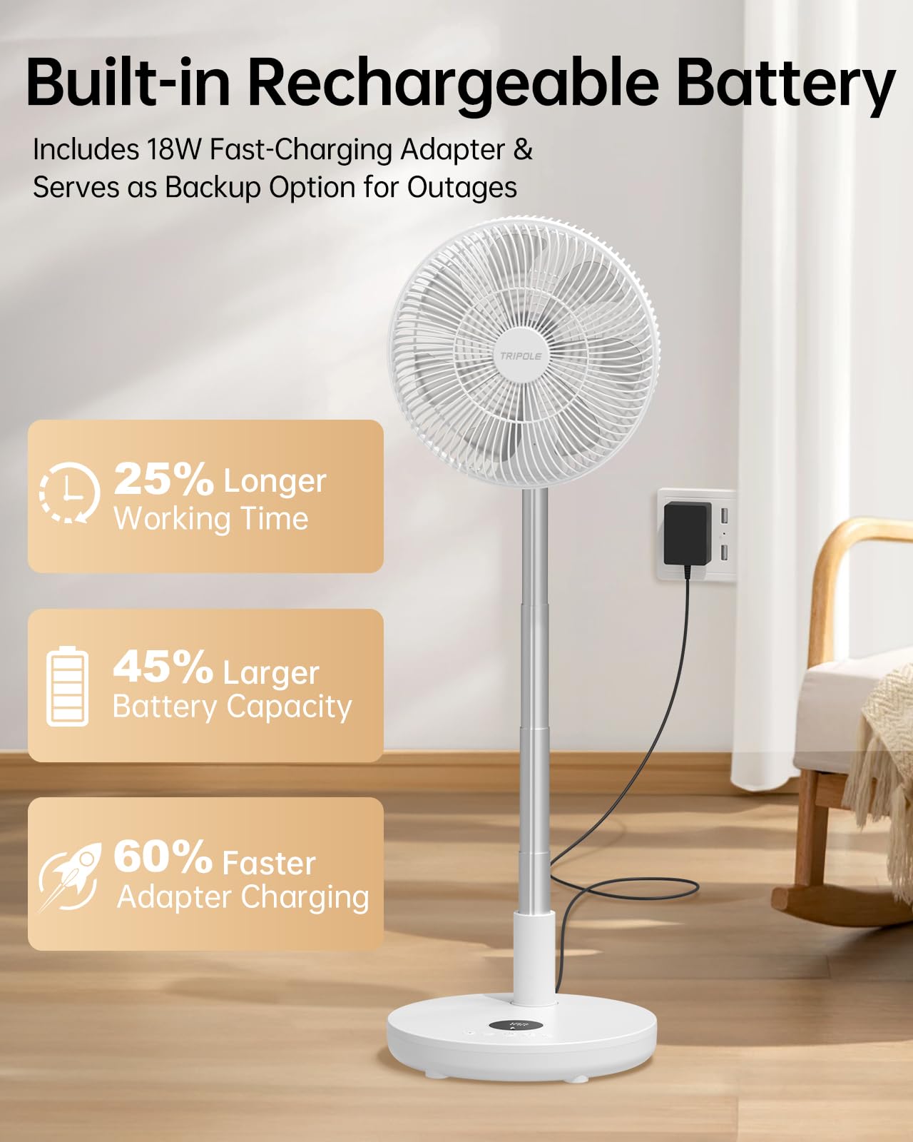 Wide oscillation and tilt for broad air distribution.