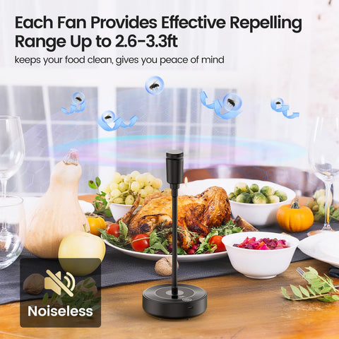 TriPole fly fan near a picnic table provides wide coverage with quiet operation.