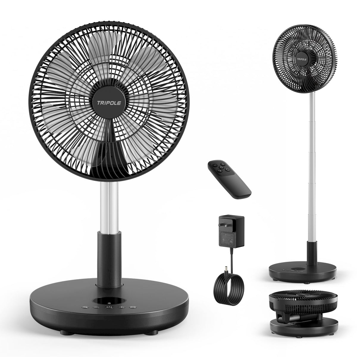 TriPole foldable 12-inch standing fan folded for compact storage and easy transport.
