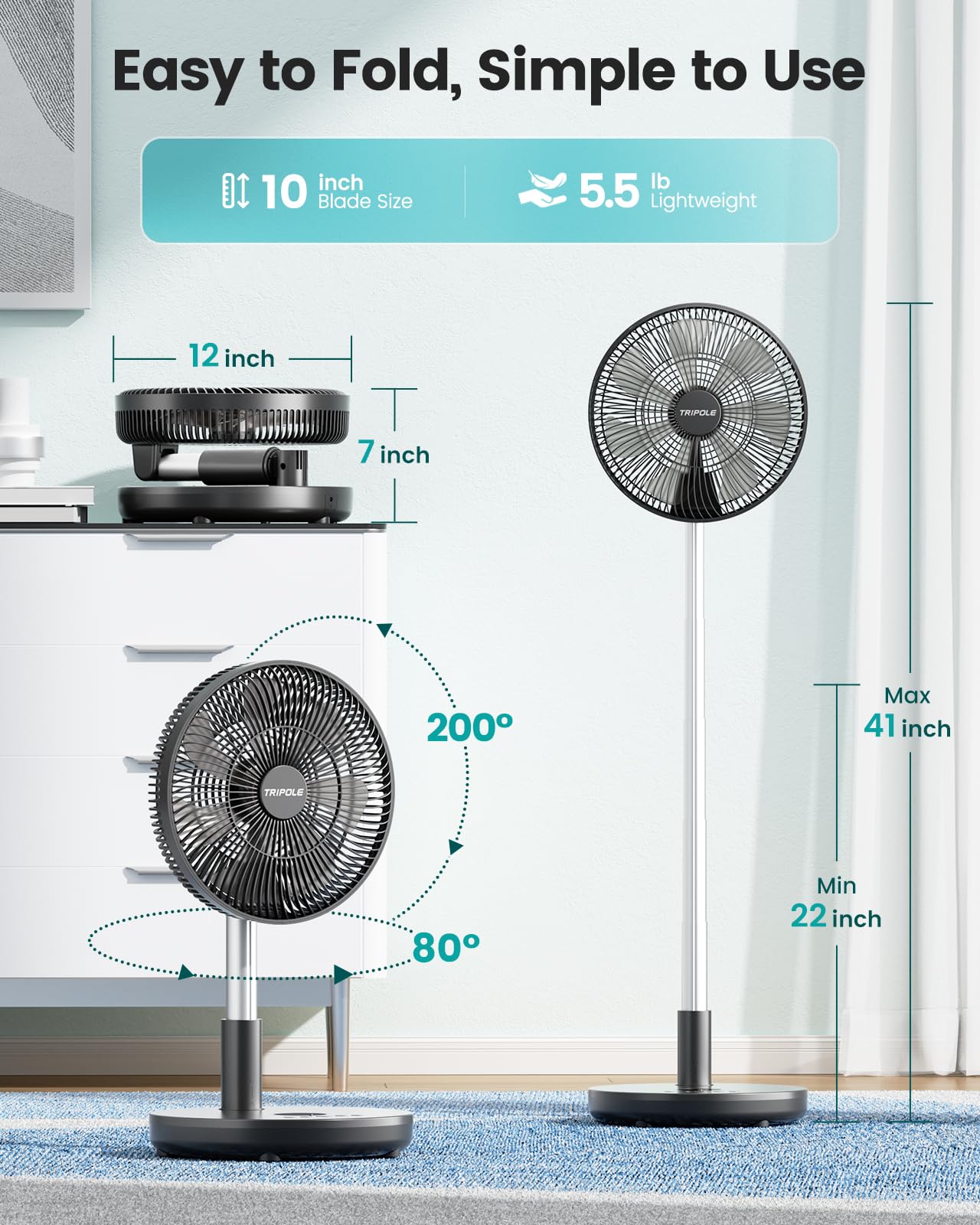 TriPole 12-inch fan head rotates 200 degrees for targeted airflow.