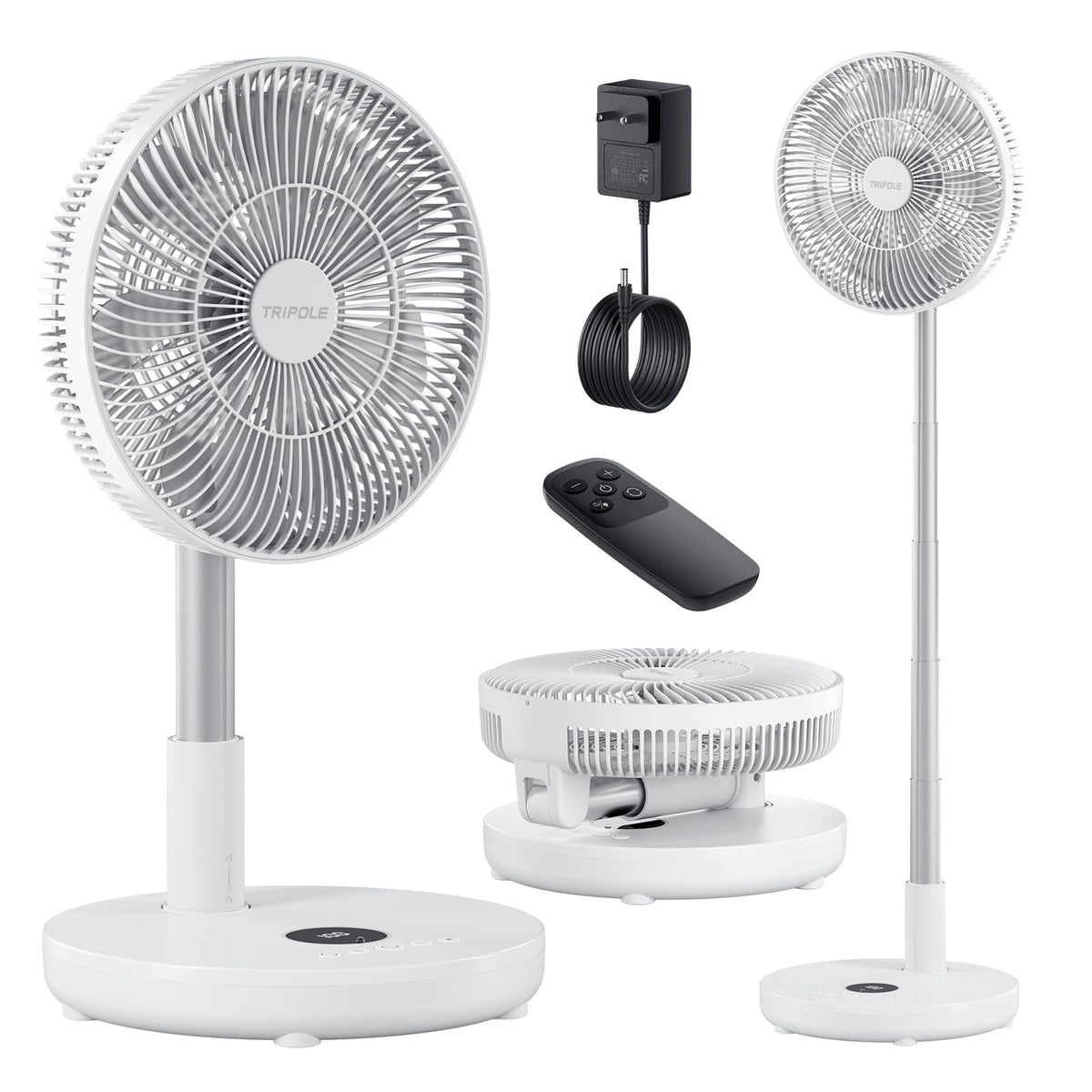 TriPole oscillating fan with remote control and LED display for easy cooling.