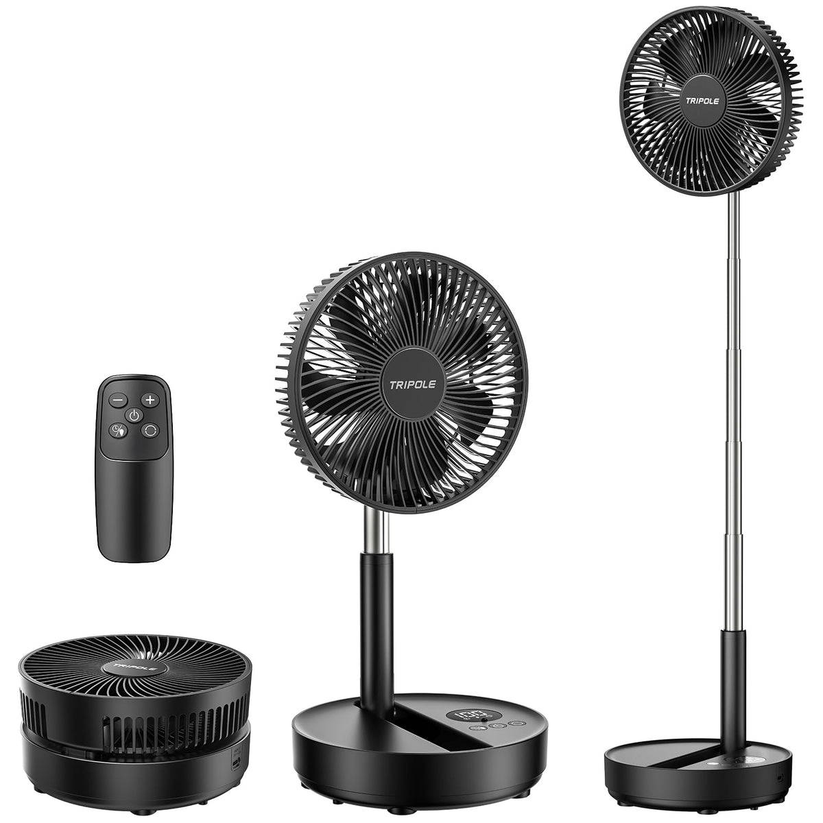 TriPole portable standing fan front view showing compact bedside cooling.
