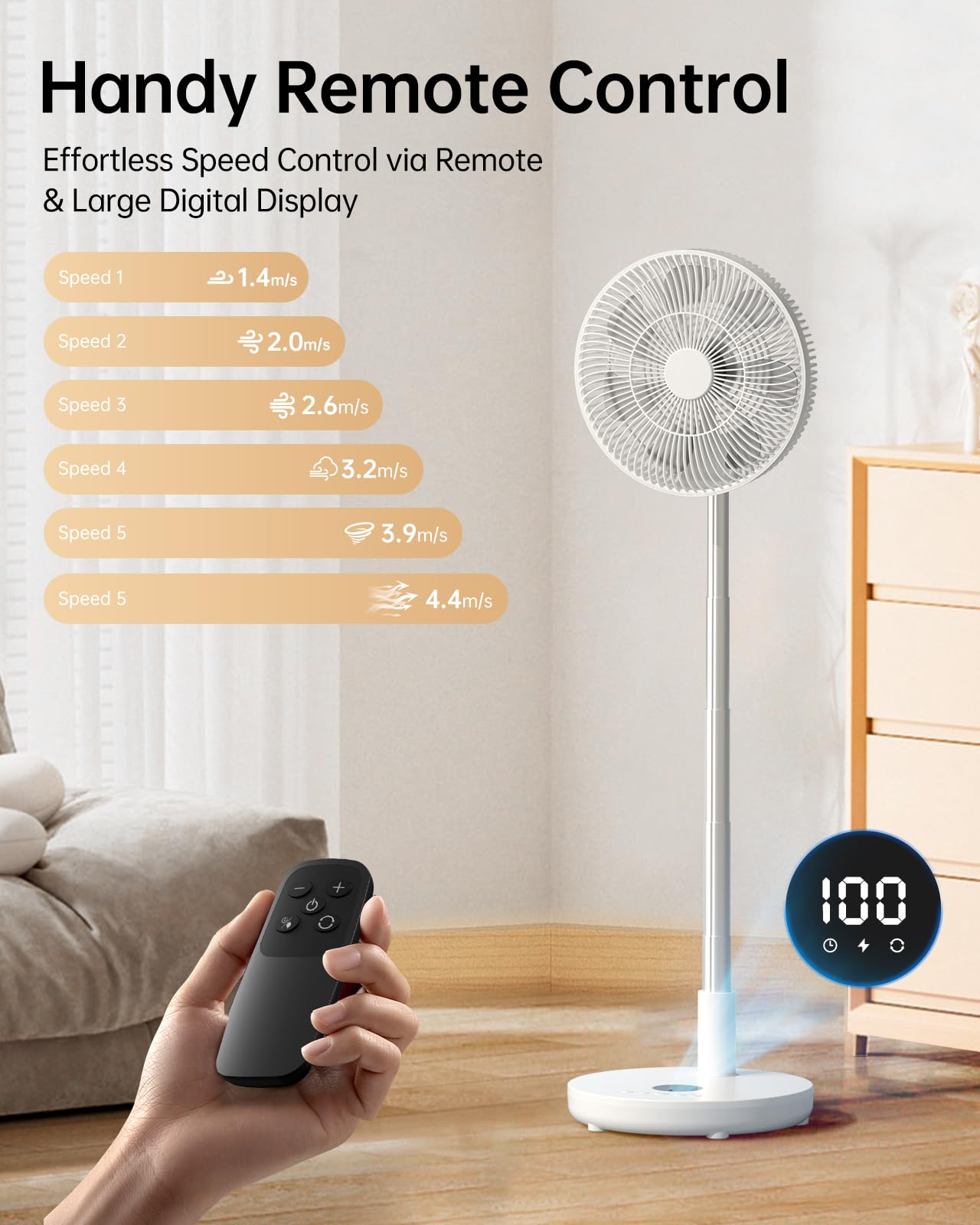 Rechargeable battery-powered fan suitable for camping and travel.
