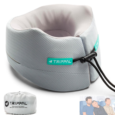 TripPal travel neck pillow with 360° chin lock keeps head upright on long flights.