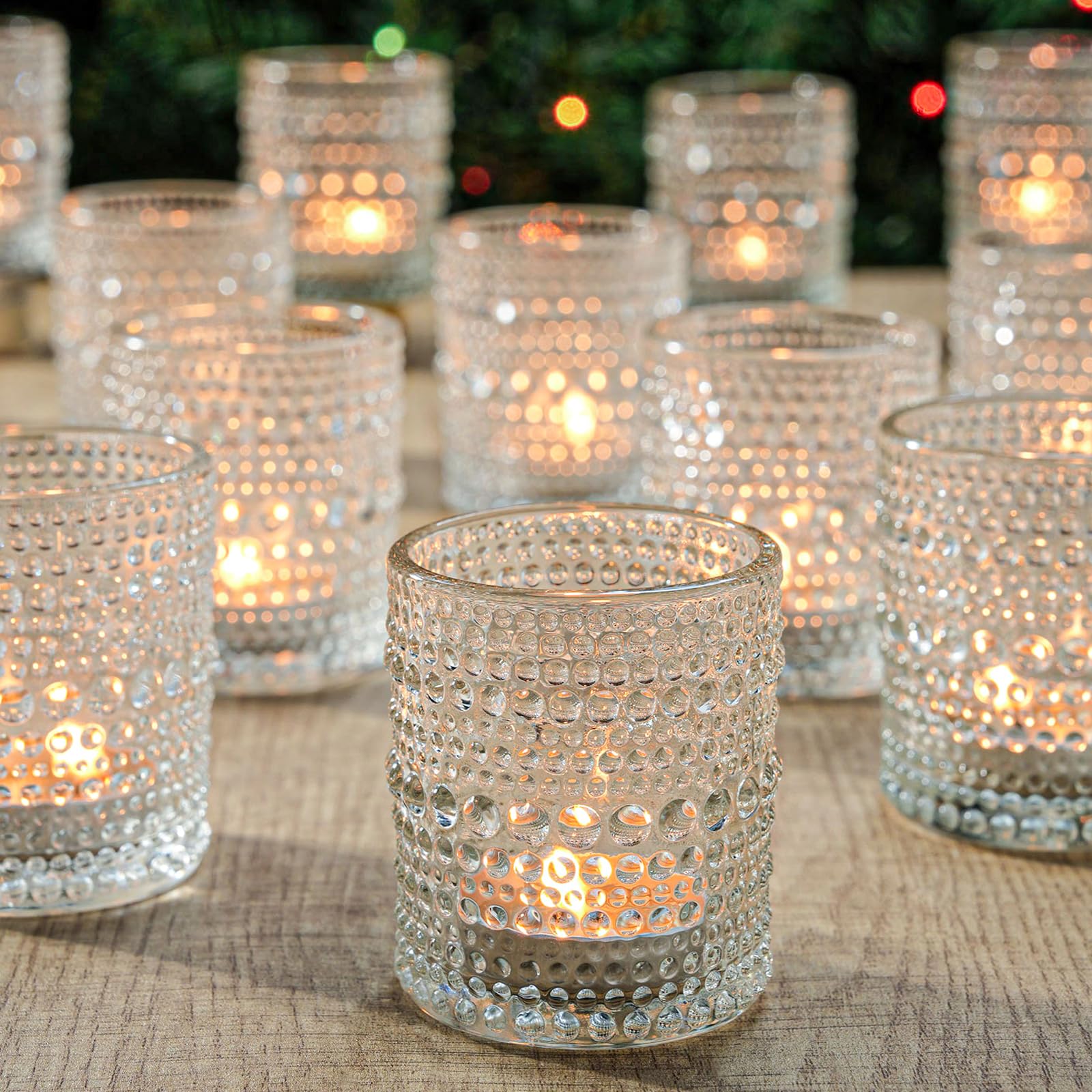 TRIRITE clear votive holders with dot pattern add timeless charm to wedding tables.