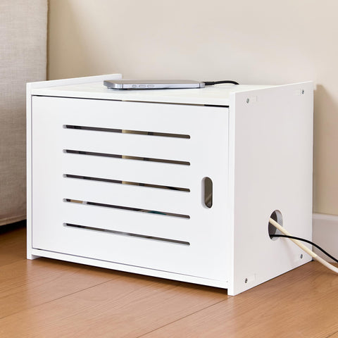 Tristcily router storage cabinet on desk showing tidy cables and accessible ports.