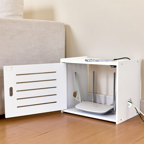 Tristcily router storage cabinet ventilation holes promoting airflow around devices.