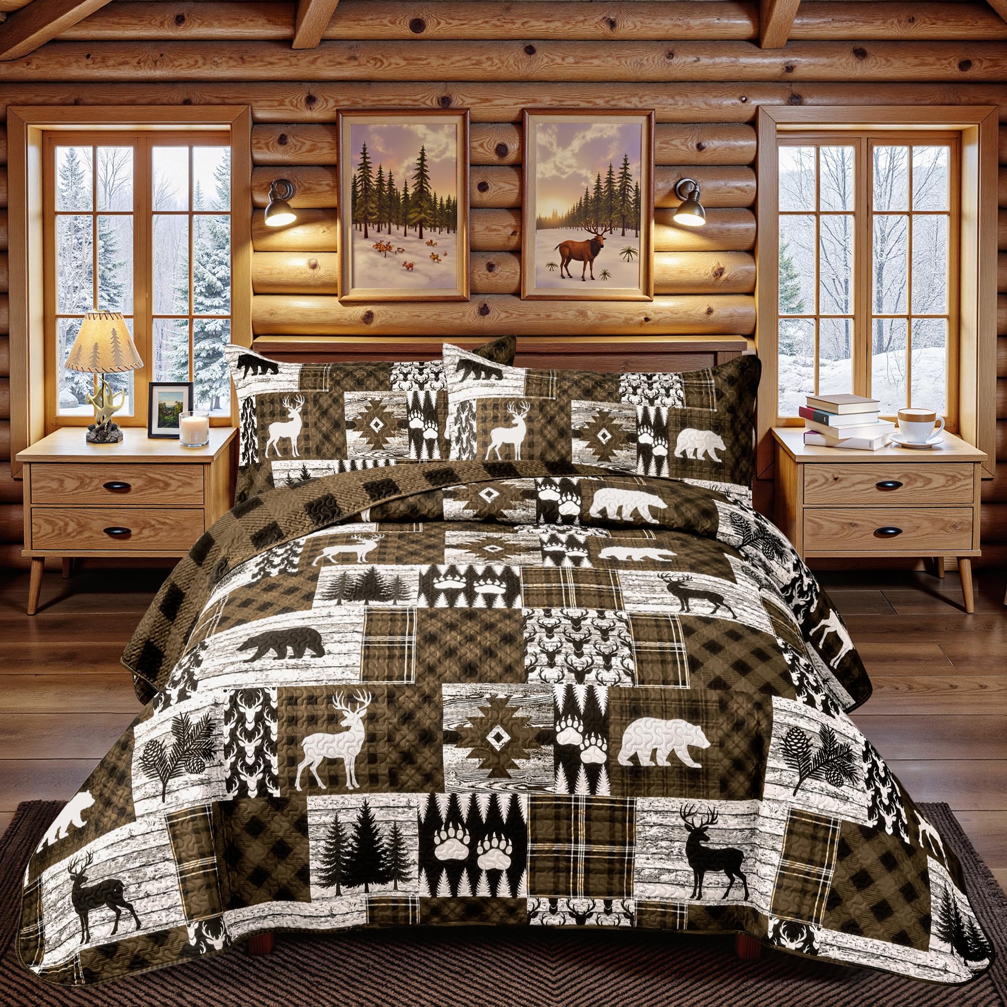 Tritard cabin quilt with bear-pattern for warm, rustic ambiance.