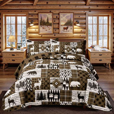 Tritard cabin quilt with bear-pattern for warm, rustic ambiance.