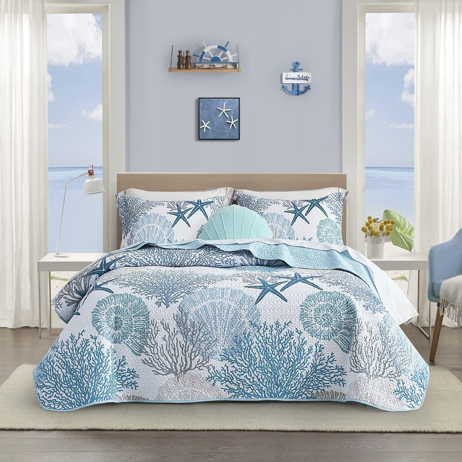 Tritard coastal quilt printed 90x96 for full/queen beds, lightweight and breathable