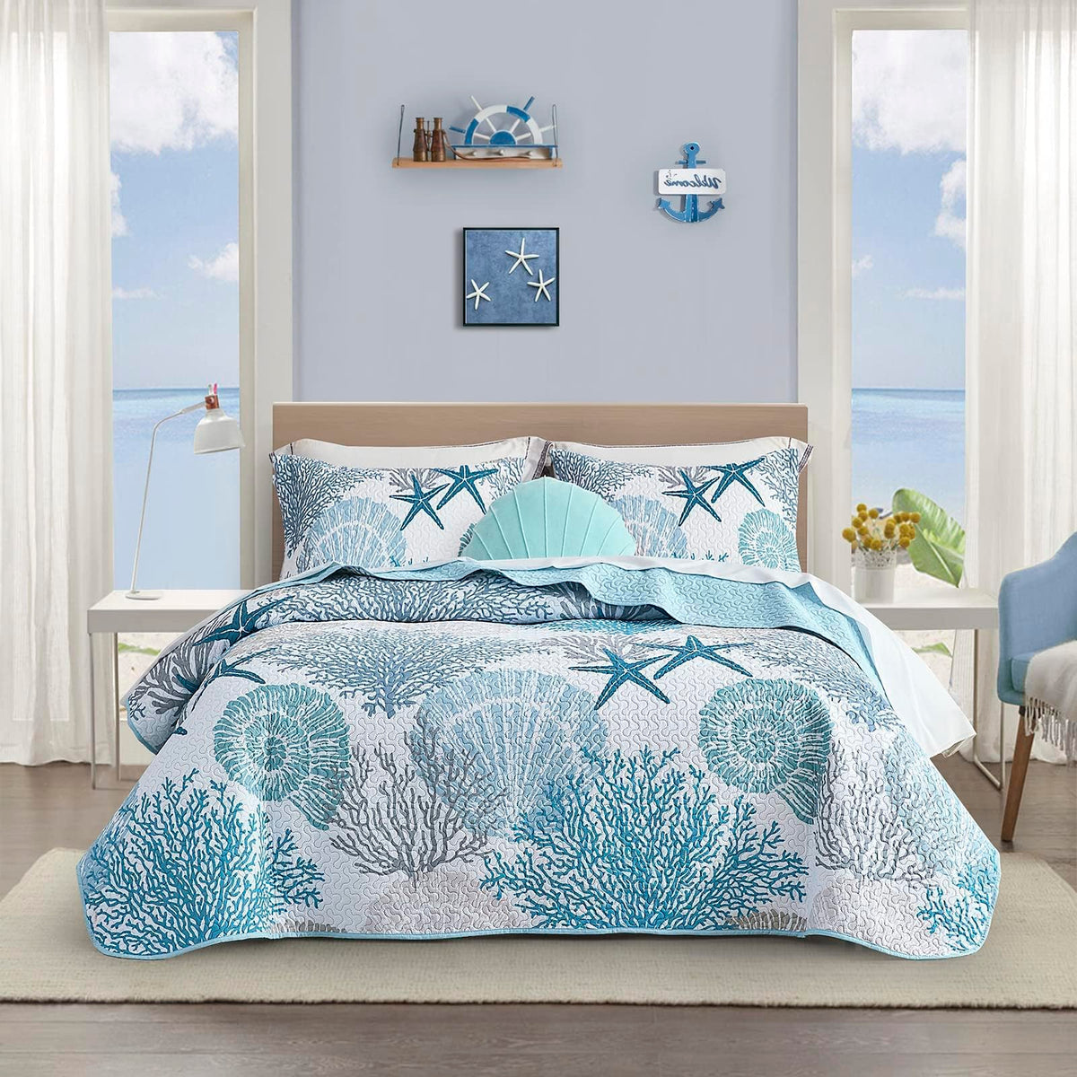 Tritard coastal quilt printed 90x96 for full/queen beds, lightweight and breathable