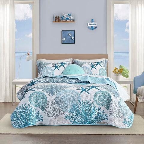 Tritard coastal quilt printed 90x96 for full/queen beds, lightweight and breathable