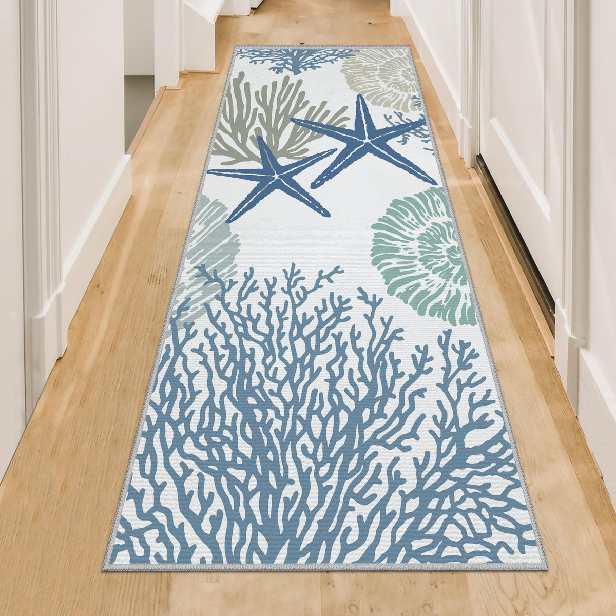 Tritard coastal runner rug 2x6 navy adds seaside charm and non-slip safety to hallways.
