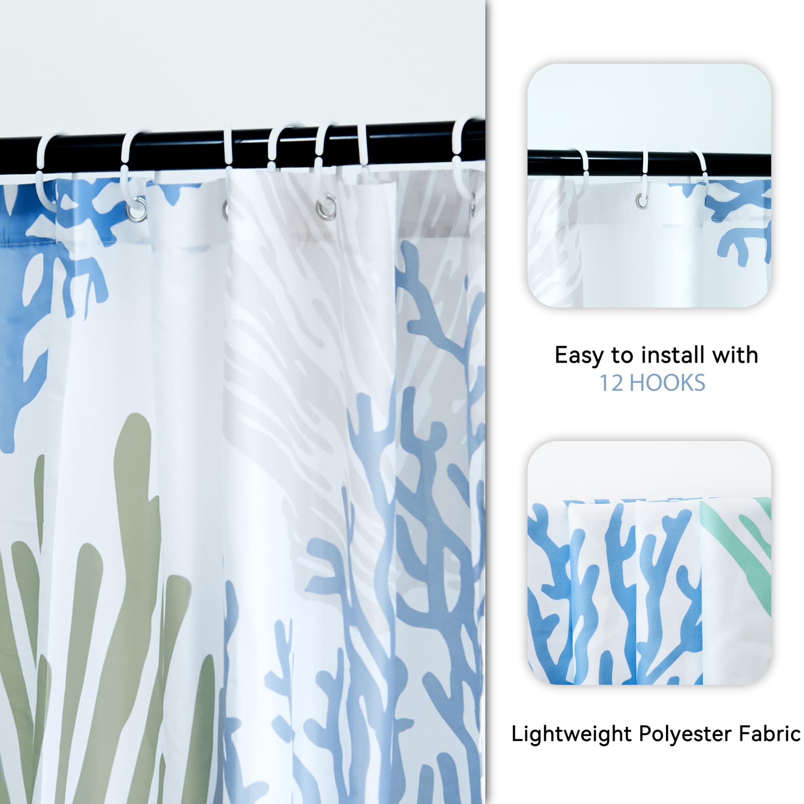 Tritard coastal shower curtain enhances bathroom décor with a calming aquatic palette.