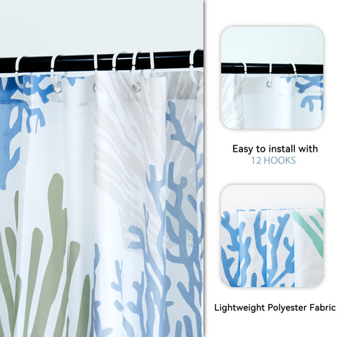 Tritard coastal shower curtain enhances bathroom décor with a calming aquatic palette.
