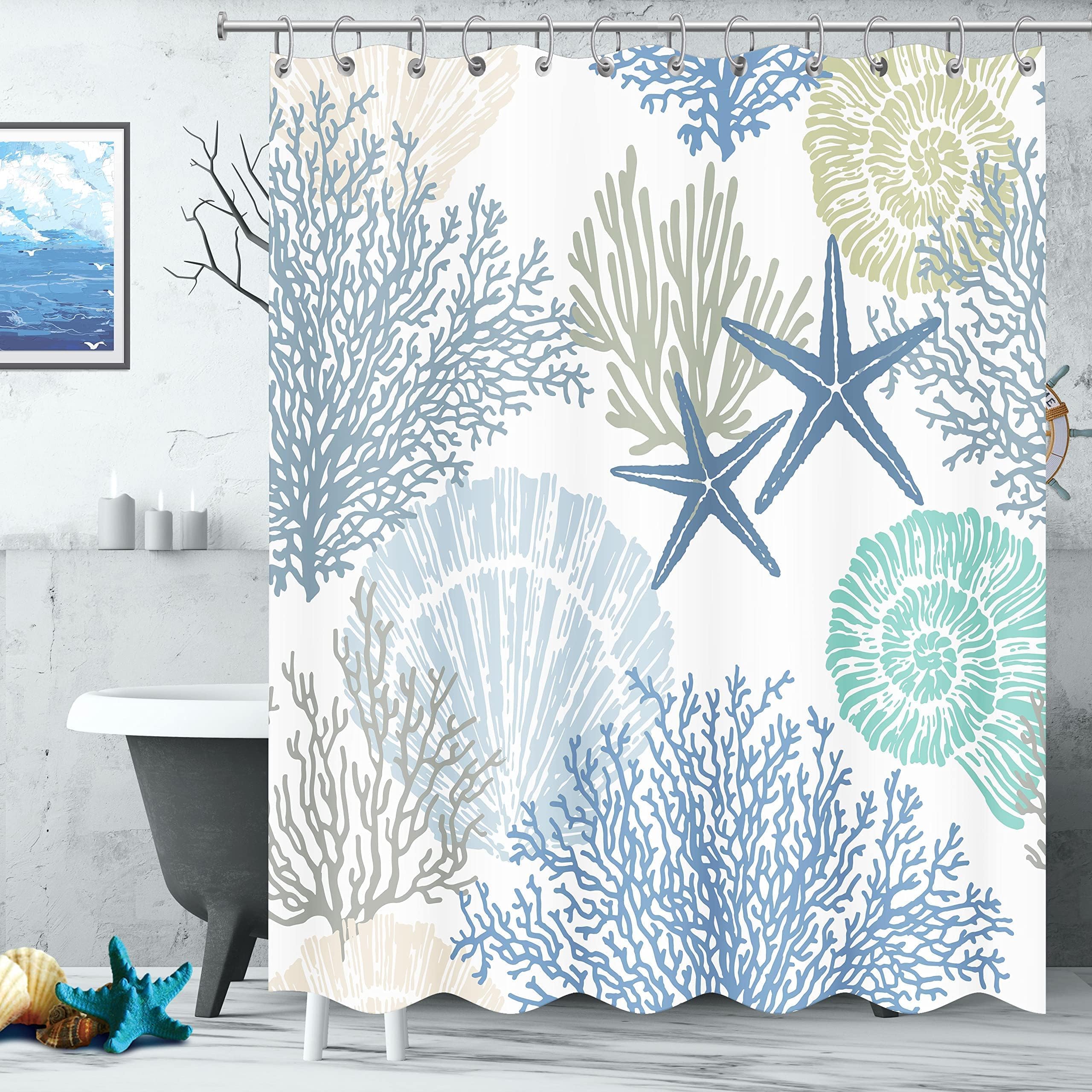 Tritard coastal curtain in blue with coral print enhances marine vibe and privacy.