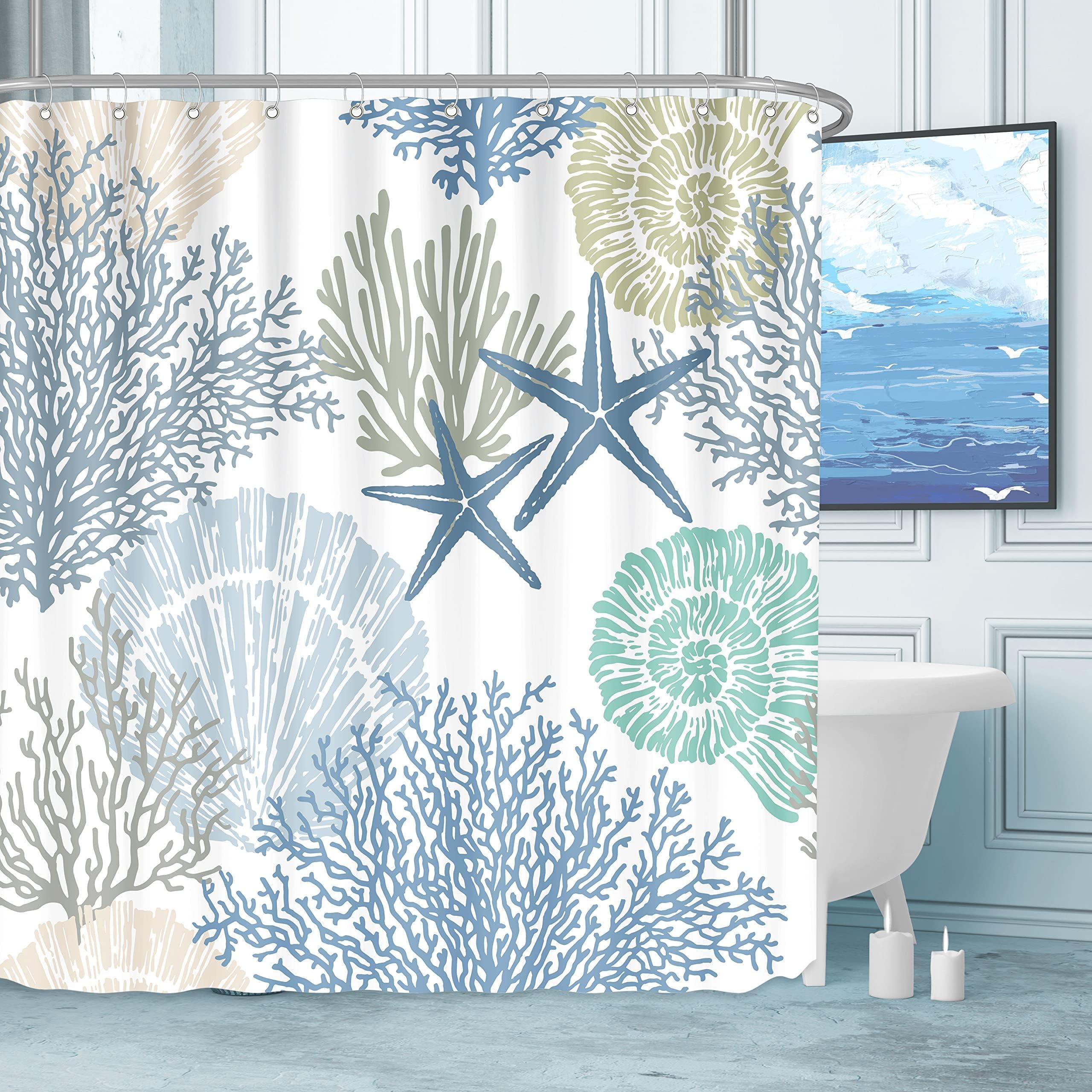 Tritard nautical coastal shower curtain with starfish and seashells for a fresh bathroom look.