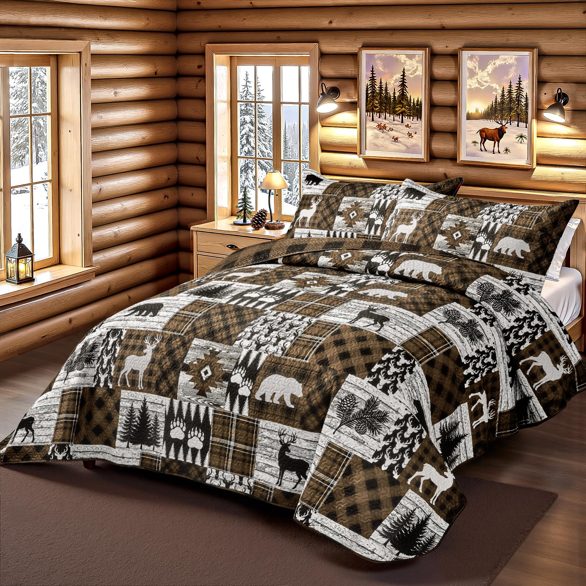 Tritard quilt with two shams offers cozy cabin style and practical bedside use.