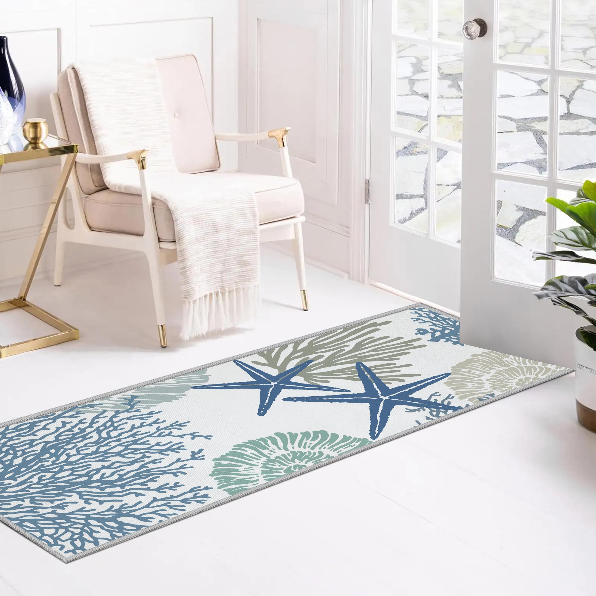 Tritard starfish seashell pattern rug enhances living spaces with coastal elegance.