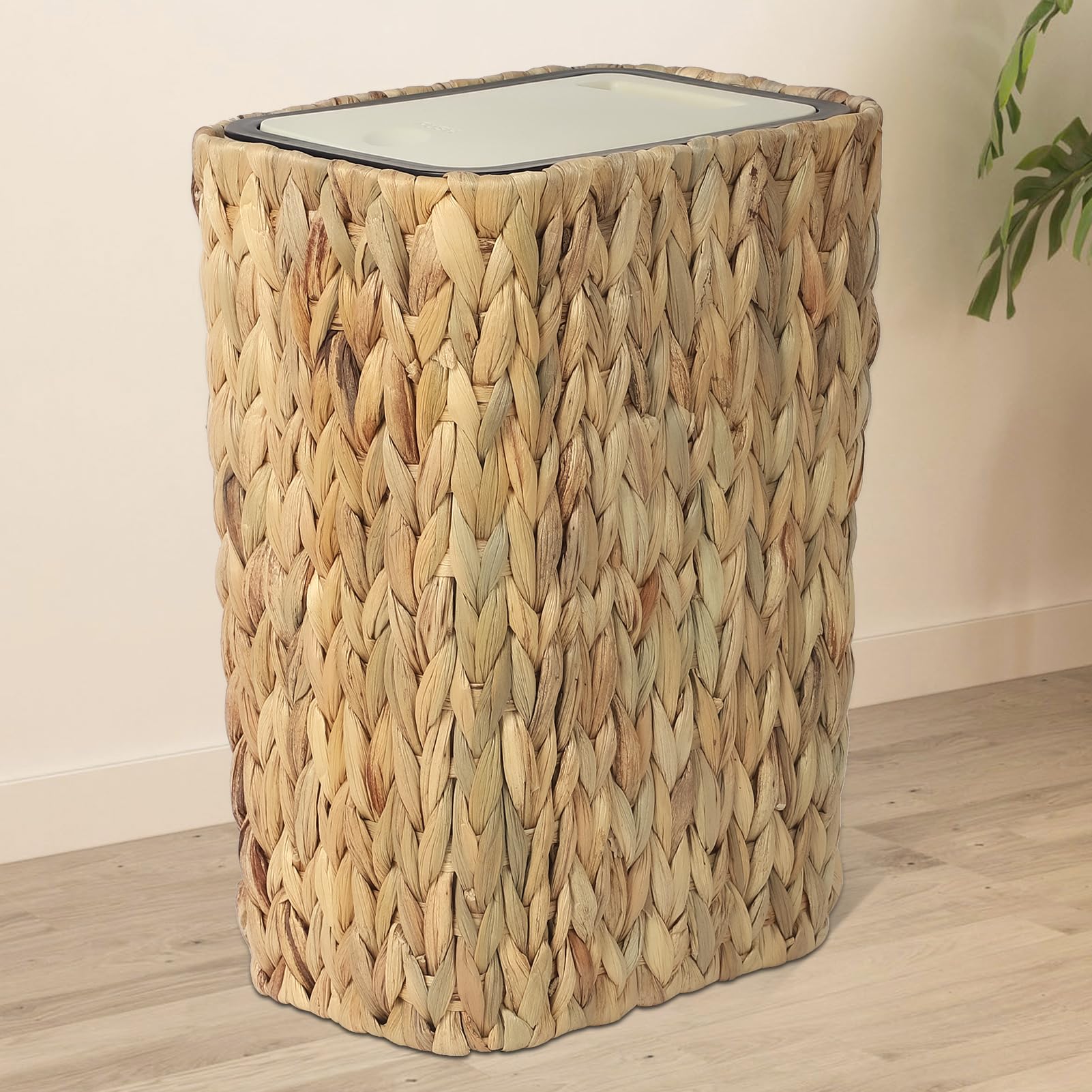 Trongee Boho Trash Can with Lid in press-top action for quick waste access