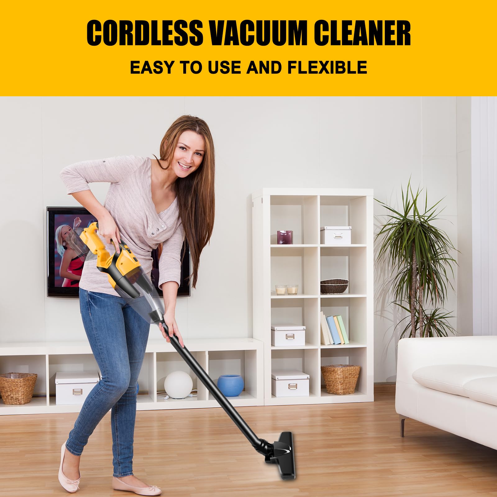 TRONYAN cordless vacuum with three heads and extension for tight corners.