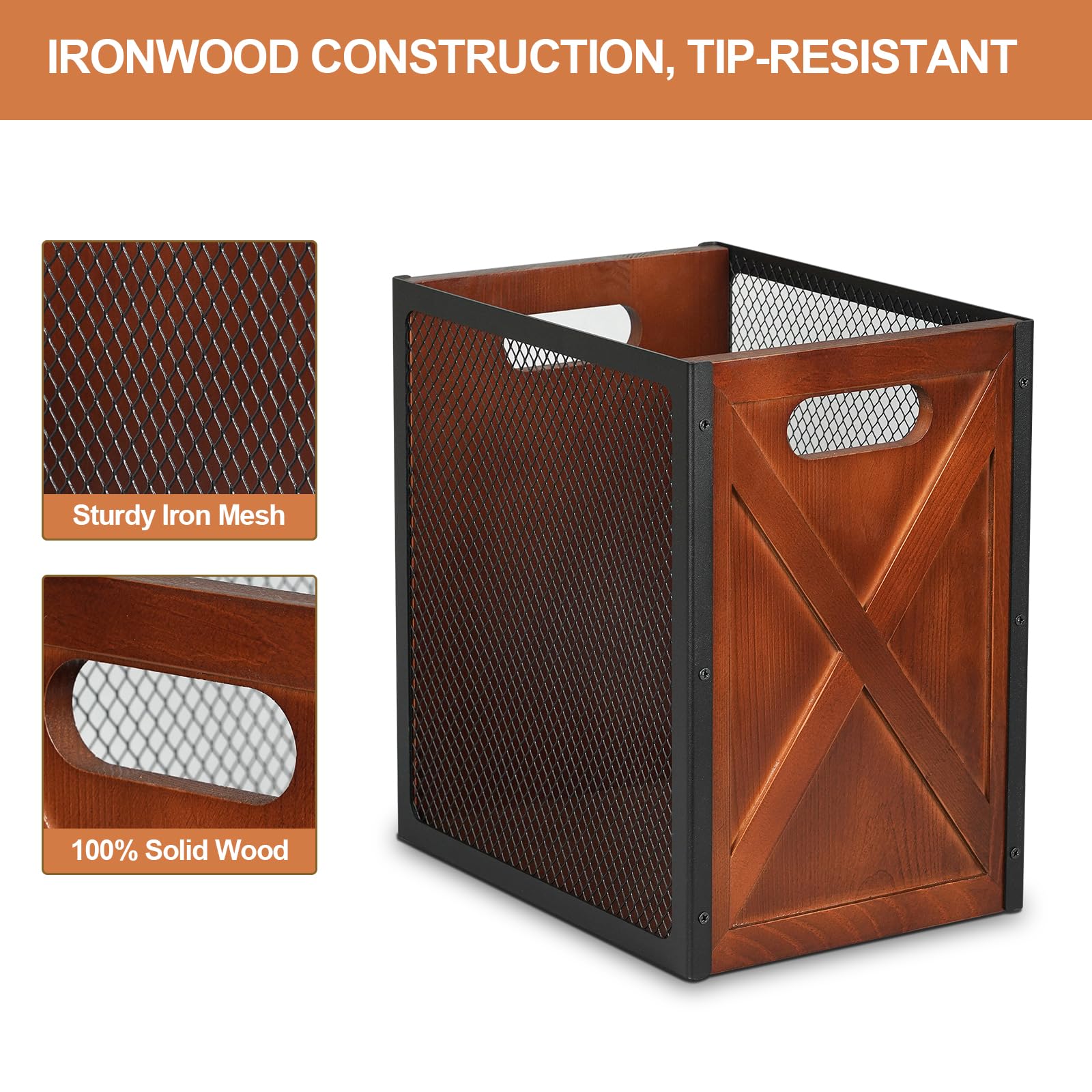 TRSPCWR wood and iron mesh trash bin viewed from the side for stability.