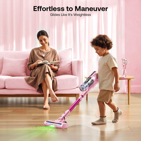 Trucozie vacuum with green LED headlight reveals hidden dust under furniture.