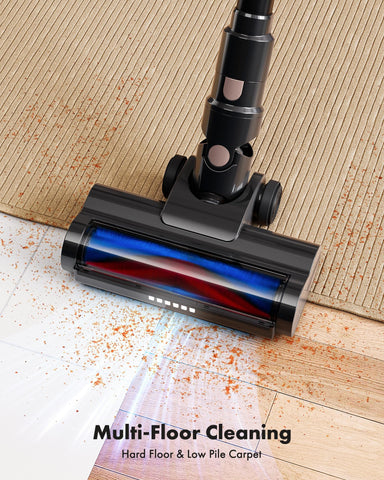 V-shaped detangle floor brush lifts hair from carpets and hard floors.