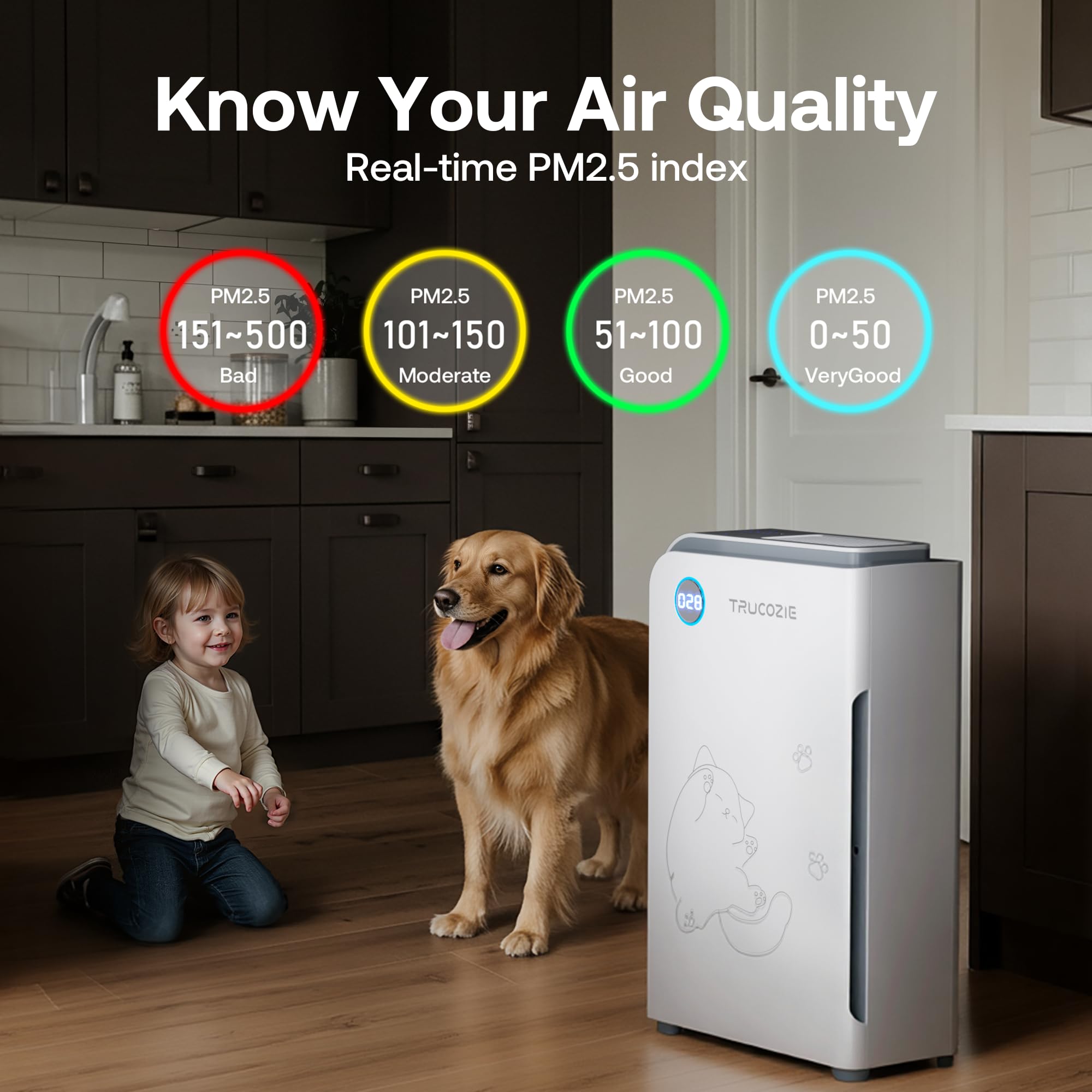 Trucozie indicator lights show air quality status.