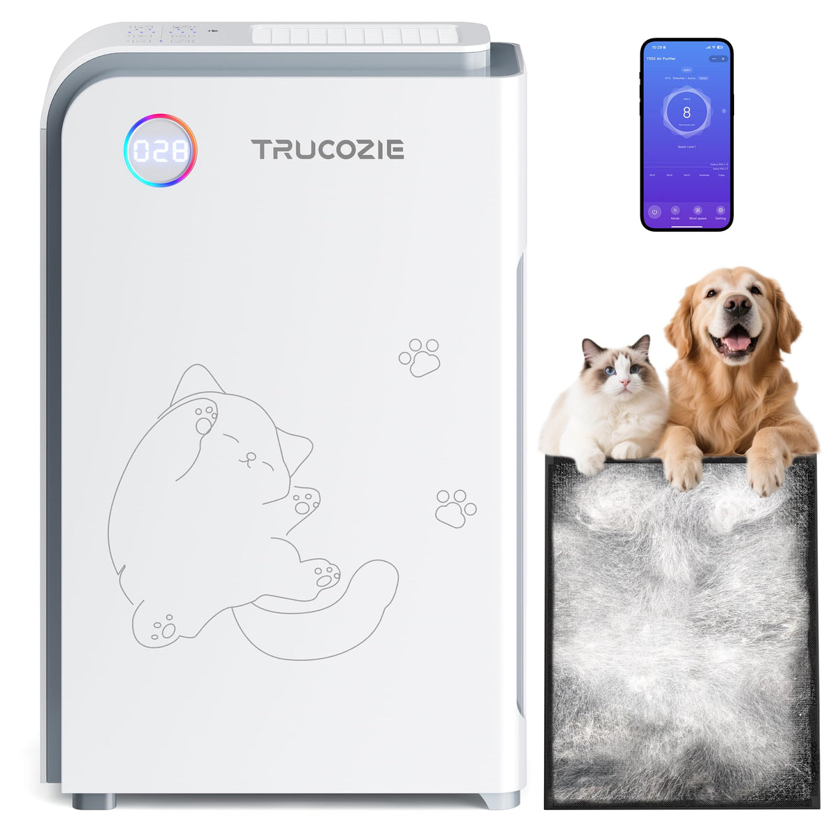 Trucozie large pet air purifier front view showing wide room coverage.