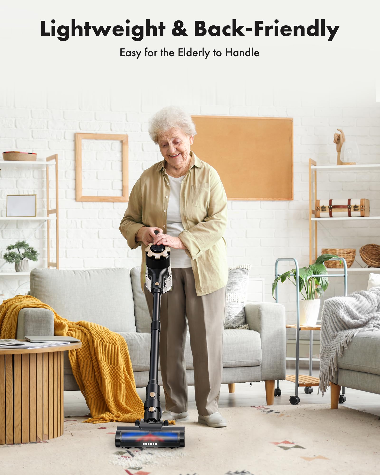 Pet hair removal on sofas and floors with Trucozie cordless vacuum.