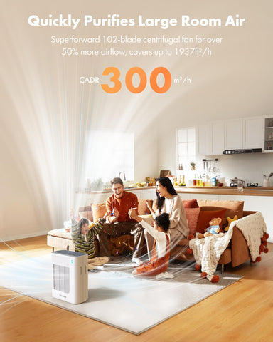 Trucozie T356 white air purifier side view blends with decor while purifying air.
