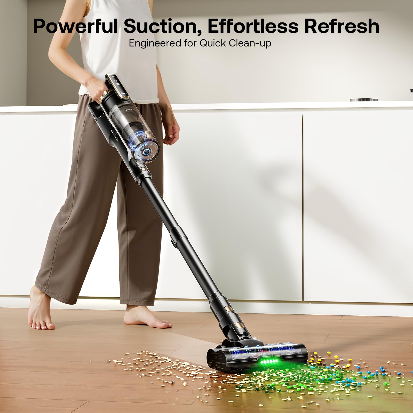 Trucozie T550 green LED headlight reveals hidden dust under furniture.