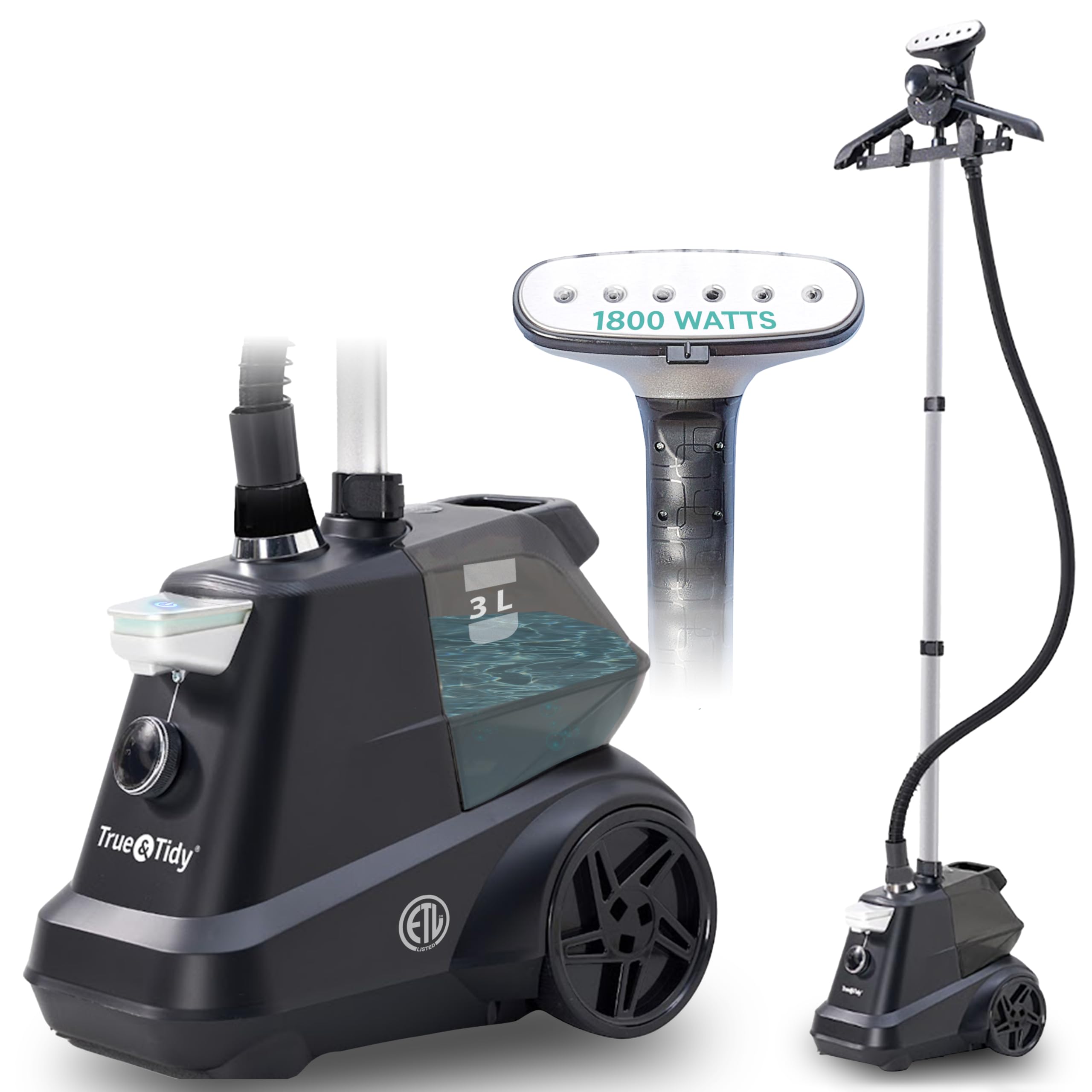 True & Tidy Heavy-Duty Garment Steamer front view for quick wrinkle removal on clothes.