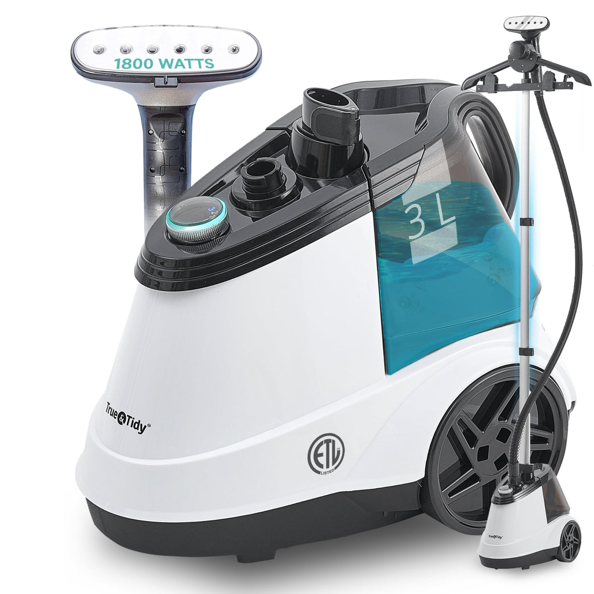True & Tidy heavy-duty steamer on wheels, front view, quick wrinkle removal