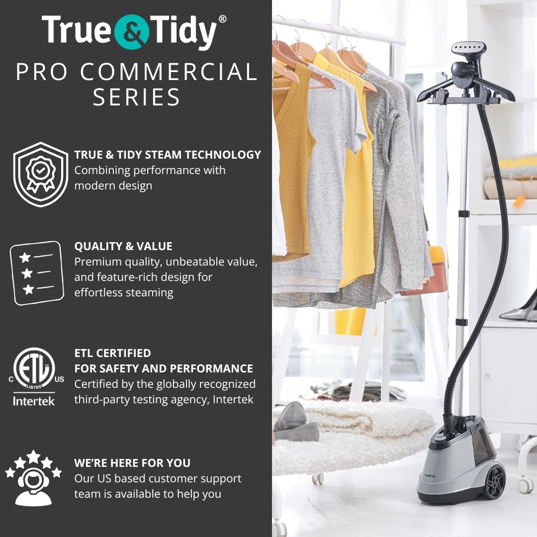 True & Tidy steamer built-in hanger enables hands-free steaming