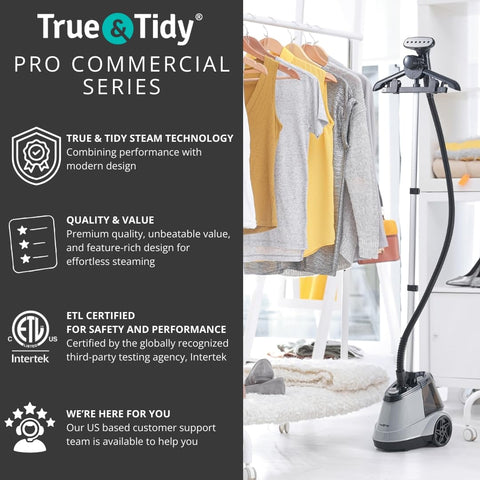 True & Tidy steamer built-in hanger enables hands-free steaming