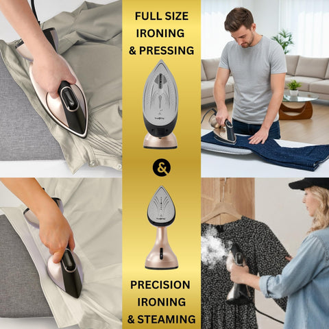 True & Tidy DuoPress XL heat-resistant steam mitt protects hands during vertical steaming.