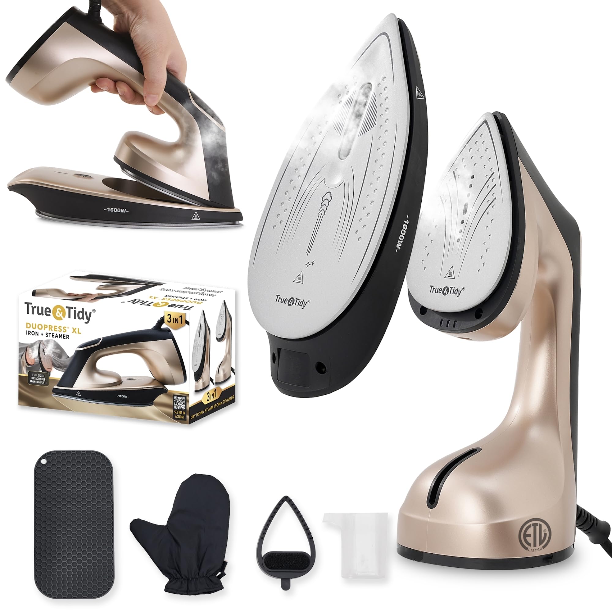 True & Tidy DuoPress XL wide ceramic soleplate for fast, smooth ironing on delicate fabrics.