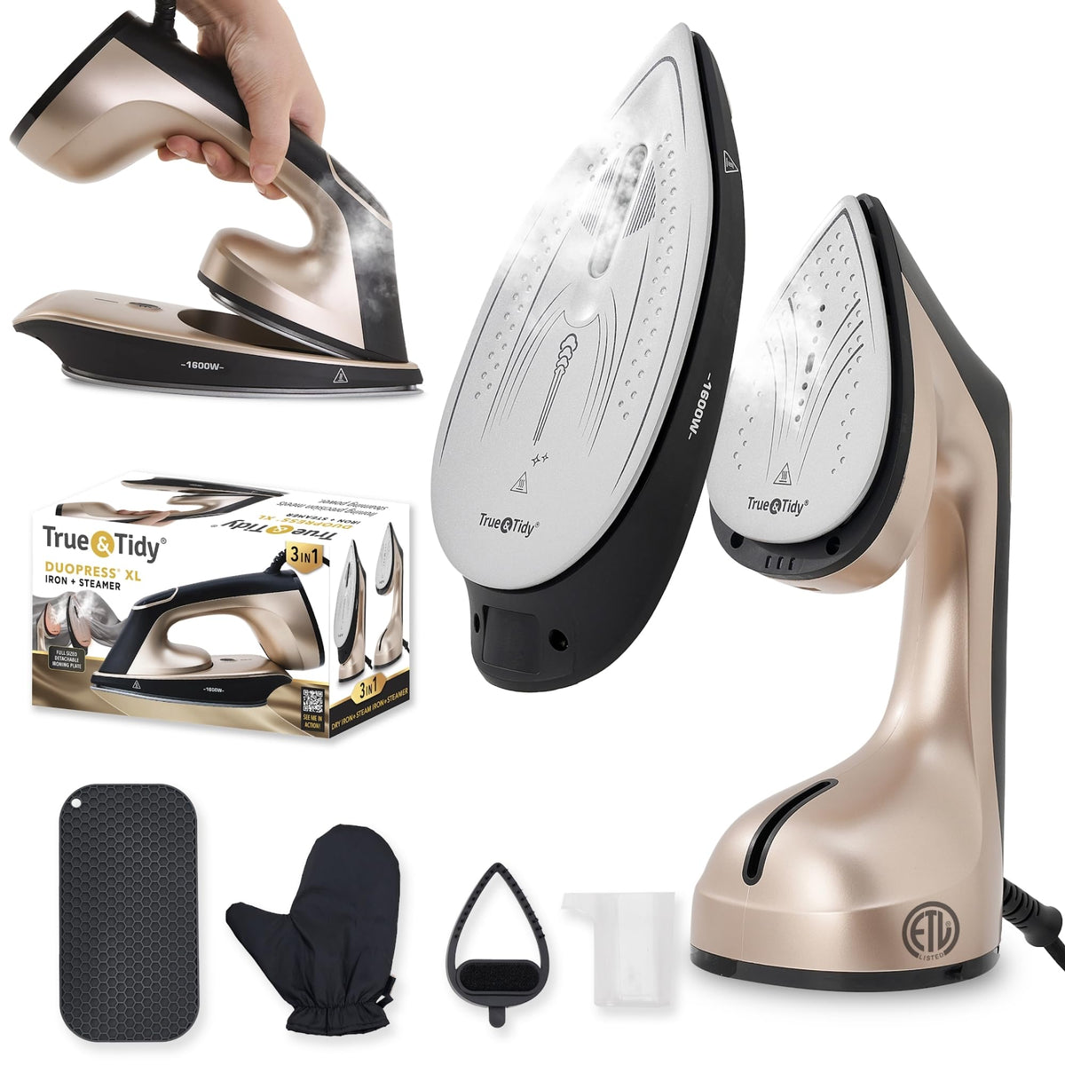 True & Tidy DuoPress XL wide ceramic soleplate for fast, smooth ironing on delicate fabrics.
