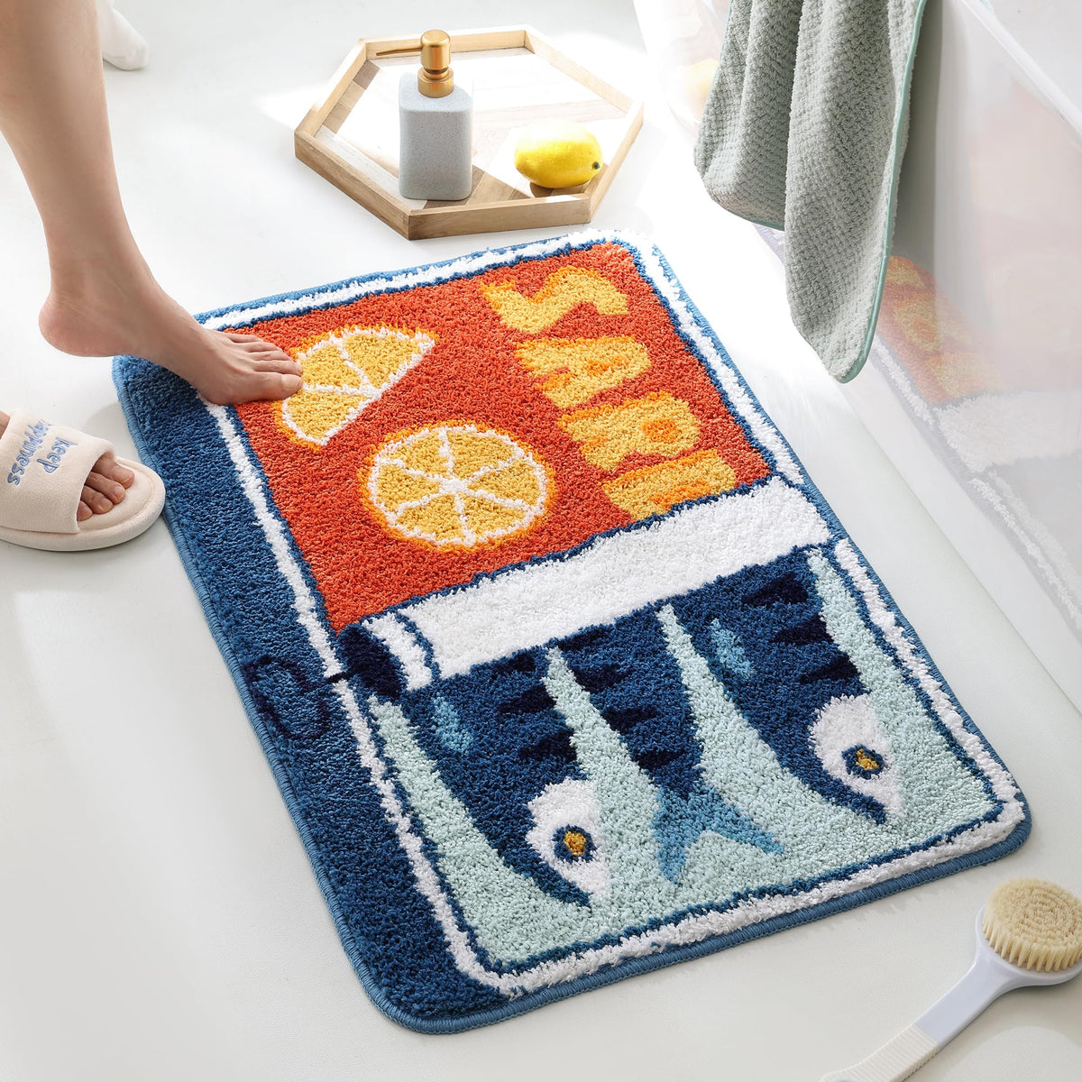 TRUEDAYS Sardine-Can Bath Mat blue offers soft comfort and moisture absorption for bathrooms